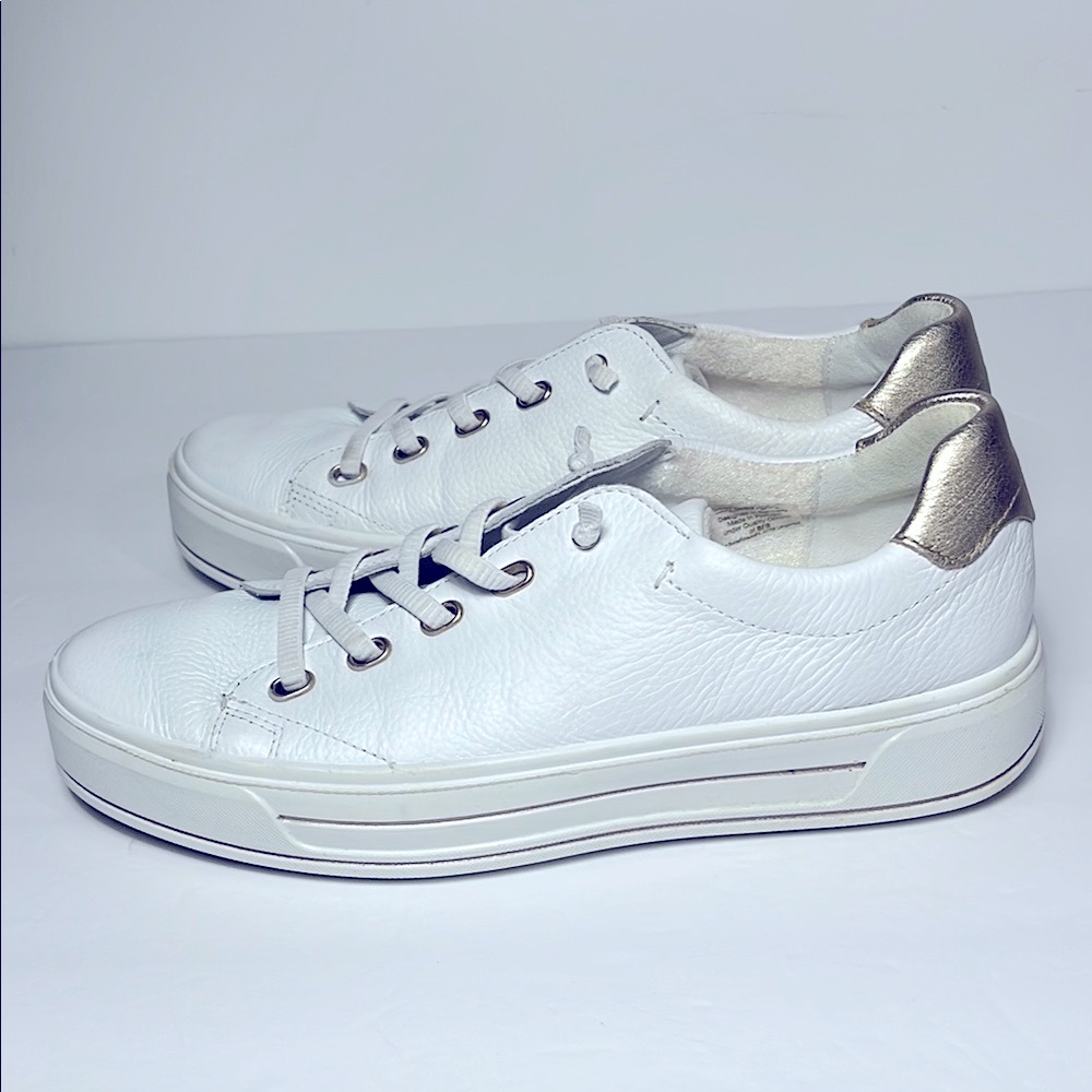 Ara Women's Crystal Sneaker White Calf - White Leather with Gold Accents